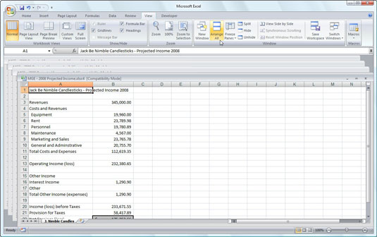 Four worksheet windows arranged with the Cascade option.