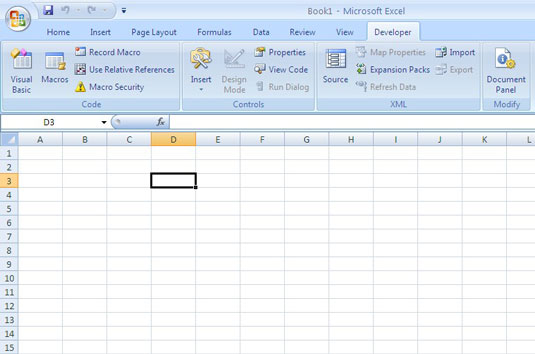 Display the Developer tab to work with macros in Excel 2007.