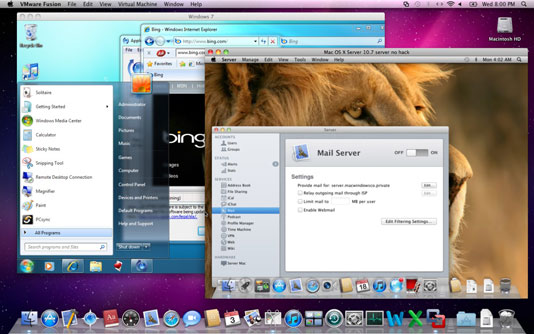 Windows 7 and Lion Server running in virtual machines in Snow Leopard.