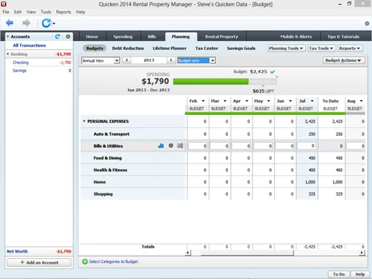 An annual view of the Budgets window, with drop down lists.