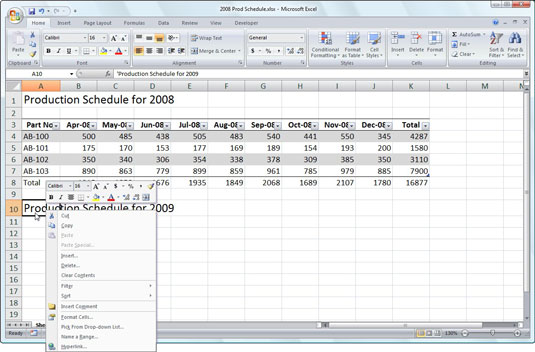 excel toolbar buttons. The mini toolbar appears