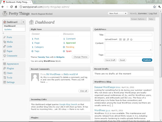 The WordPress blogging platform Dashboard.