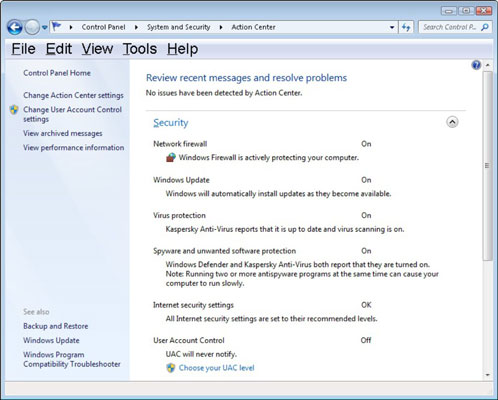 The Action Center with no issues detected.