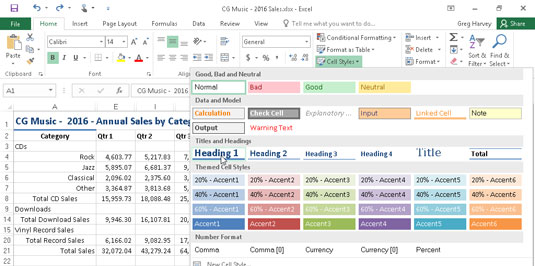 Selecting a new style for a cell selection from the Cell Styles gallery.