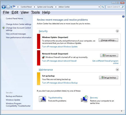 The Action Center with issues that need attention.