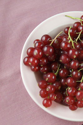 A pink background provides just enough color for these red currants. [Credit: Focal length: 55mm, S