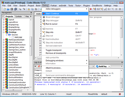 Figure 4: Start (or resume) execution of your program using the Debug-->Start/Continue menu opti