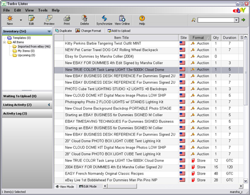 The Turbo Lister item Inventory view.