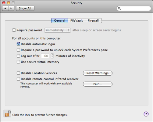 Set Security preferences here.