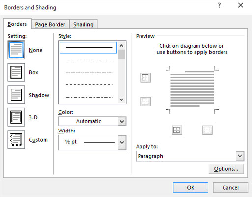 The Borders and Shading dialog box.