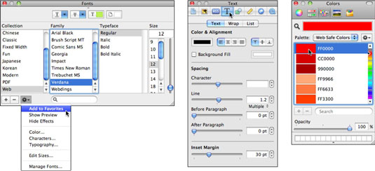 Save your favorite font settings (left), set more attributes (center), and specify the color (right