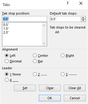 The Tabs (tab stop) dialog box.