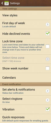 The Settings options for the calendar application.