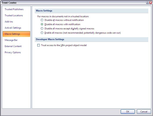 Change the security level in the Trust Center dialog box.