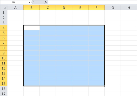 A selected cell range in an Excel 2010 worksheet, designated as B4:F15.