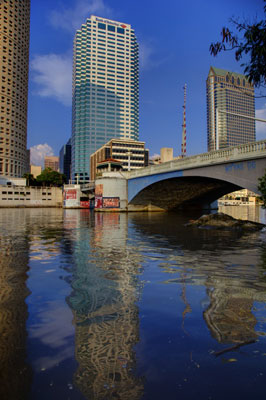 The bridge and reflections lead your eye to the Bank of America building in Tampa, Florida.