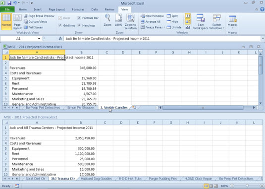 Comparing two worksheet windows side by side.