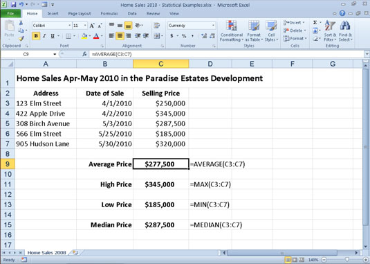 A home sales worksheet that uses common statistical functions.