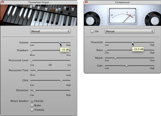 Adjust the Tonewheel Organ settings (left) and Compressor settings (right).