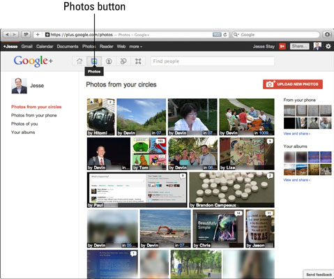 You can access the photos page in Google+ via the Photos icon.