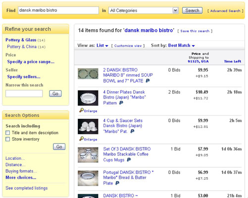 These search results, in List View, show salad plates in the Pottery & China subcategory.