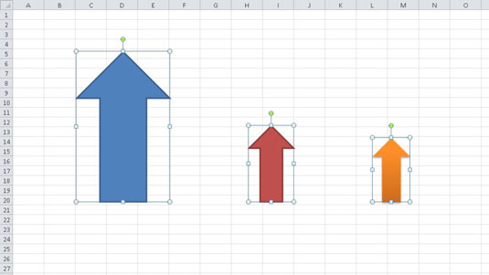 Three arrow objects aligned after choosing Align Bottom and Distribute Horizontally.