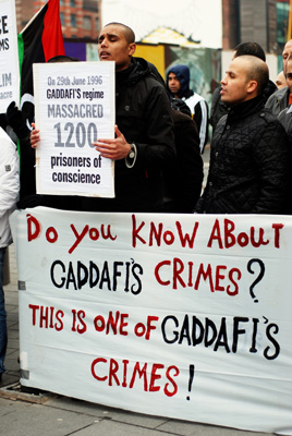 During the war, Libyans near and far from their homeland protested Gaddafi's regime, such as these