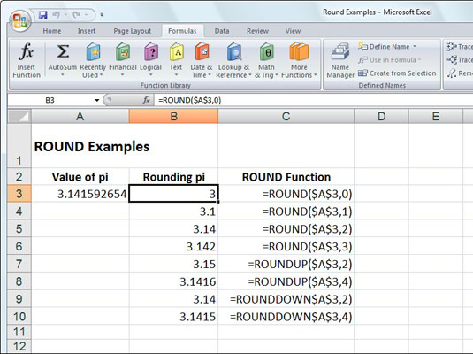 Rounding off the value of pi with the ROUND, ROUNDUP, and ROUNDDOWN functions.