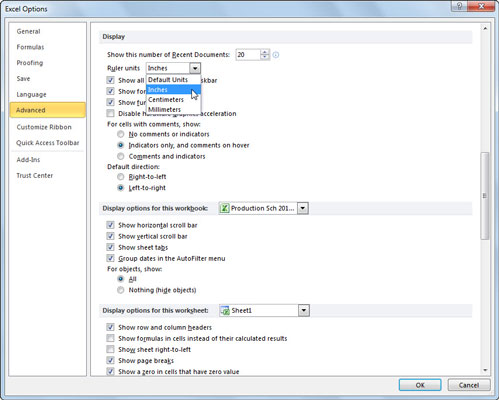 You can change the Ruler units setting to display Inches, Centimeters, or Millimeters.