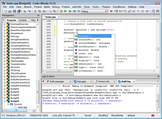 Figure 4: Given an object, Code::Blocks will find the public members accessible from that object.