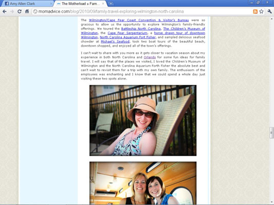 An example of a blog post about a free trip received by Amy Clark of MomAdvice.