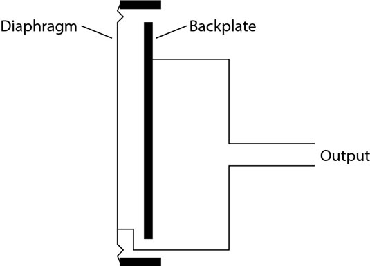 A condenser mic consists of a very thin diaphragm suspended parallel to a backplate.