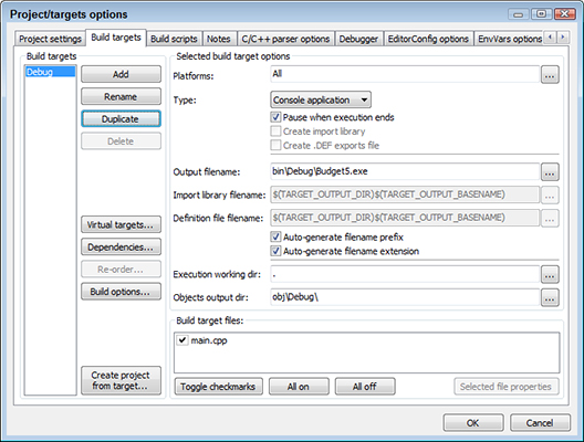 Figure 5: One of the project properties is the list of build targets.