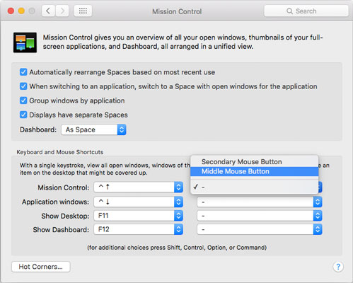 The Mission Control System Preferences pane with Hot Corners . . . on the bottom left.