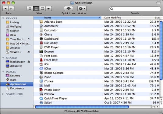 The contents of a Finder window in list view mode.