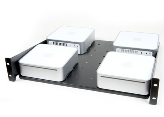 This tray holds four Mac minis in a standard network equipment rack.