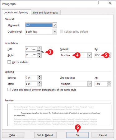 Set up indents in the Paragraph dialog box.