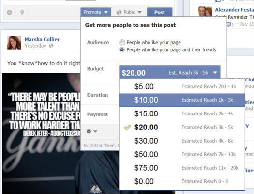 Selecting the budget for your sponsored post.