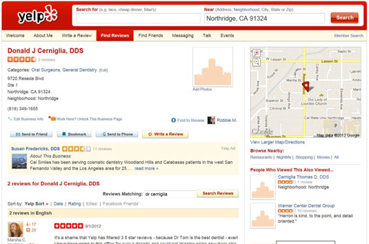 Yelp puts the business contact info front and center on a page.