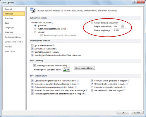 Setting calculation and iteration settings in the Excel Options dialog box.