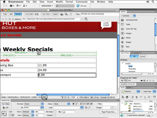 Use the tag selector to select cells and tables.