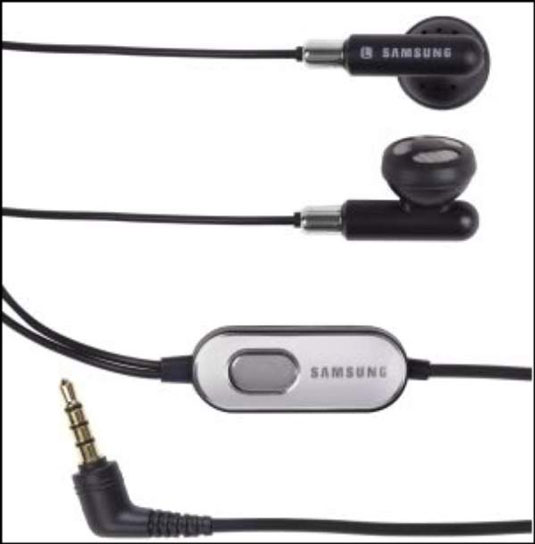 A typical wired headset with ear buds and a 3.5mm plug.