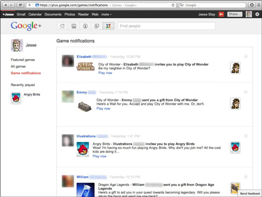 The Google+ Game Notifications page.