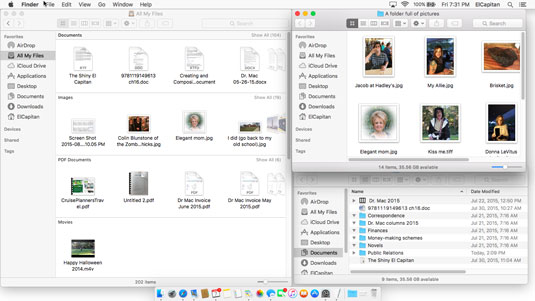 A Finder space, with two windows in list view plus a third window in Icon view.