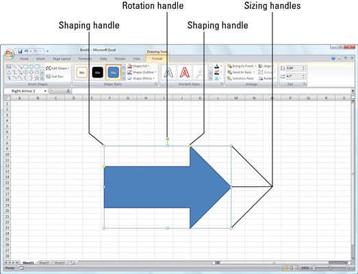 When you click a graphic object to select it, the rotation and circular sizing handles appear.