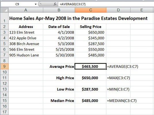 A home sales worksheet that uses common statistical functions.