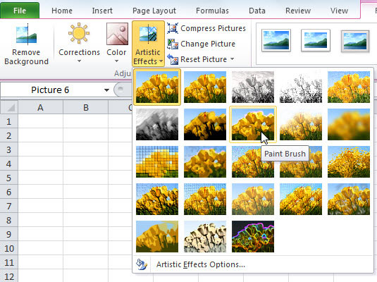 Use Artistic Effects to apply a special effect, such as Paint Brush, to a picture.