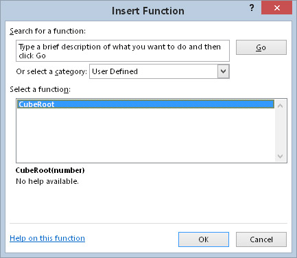 The CubeRoot function appears in the User Defined category of the Insert Function dialog box.