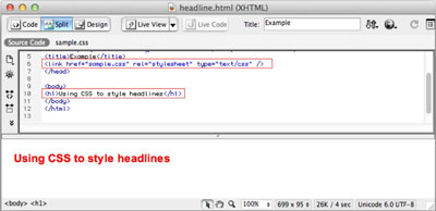 This split-screen view in Dreamweaver shows the HTML code in the top panel and the resulting format