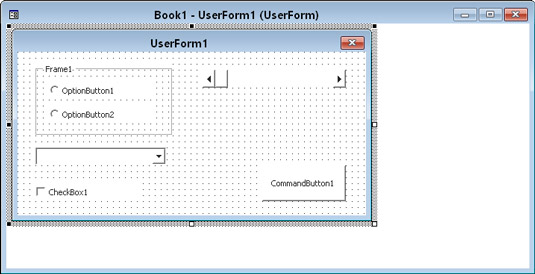 A UserForm in the VBE, with a few controls added.